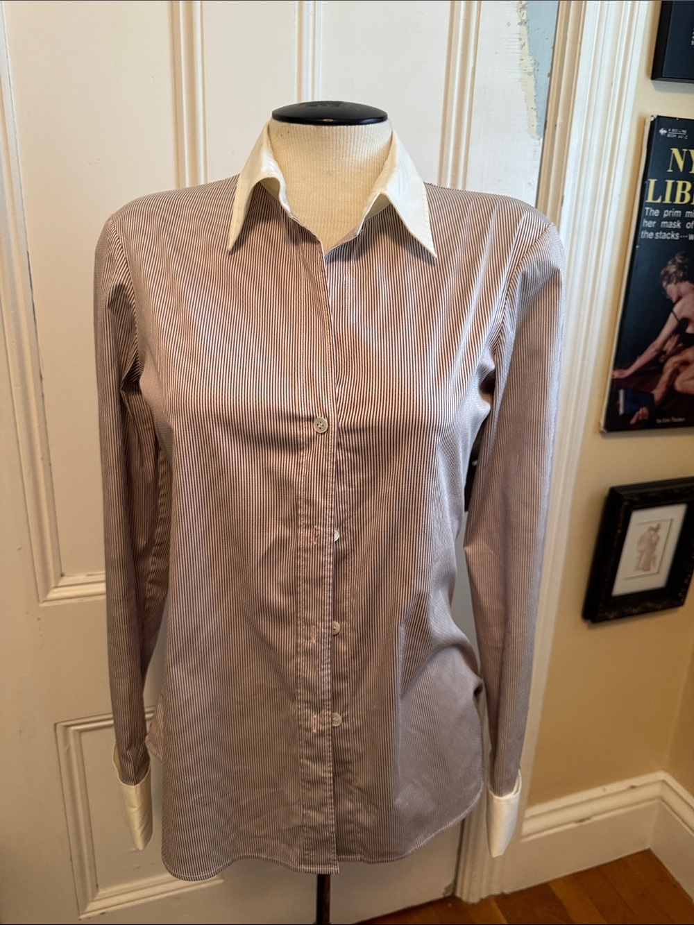 Theory Women’s Dark Lavender Pinstripe Button-Down Shirt with White Collar